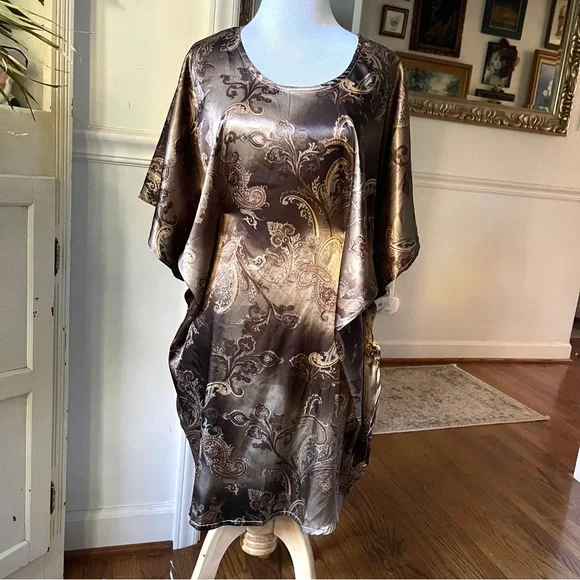 Vintage Gold 60s 70s silky Paisley Kaftan Mini butterfly Dress Angel Sleeves - Picture 15 of 16